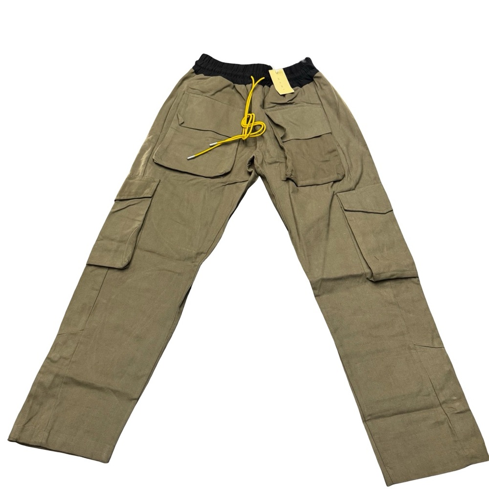 MNML Olive Cargo Pants XS Yellow Drawstring Streetwear Adjustable Bottoms!!!